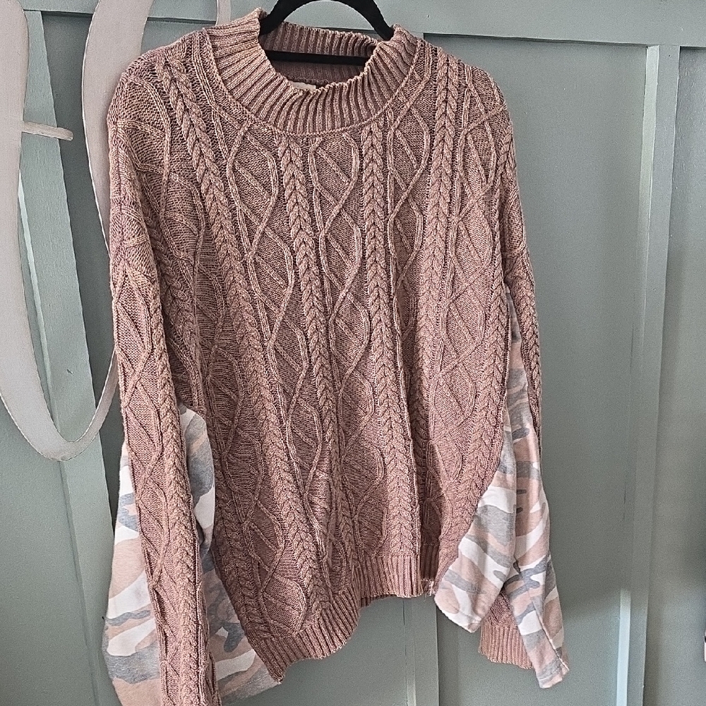 POL Light Brown Cable Knit Crew Sweater with Camo Sleeve Panels